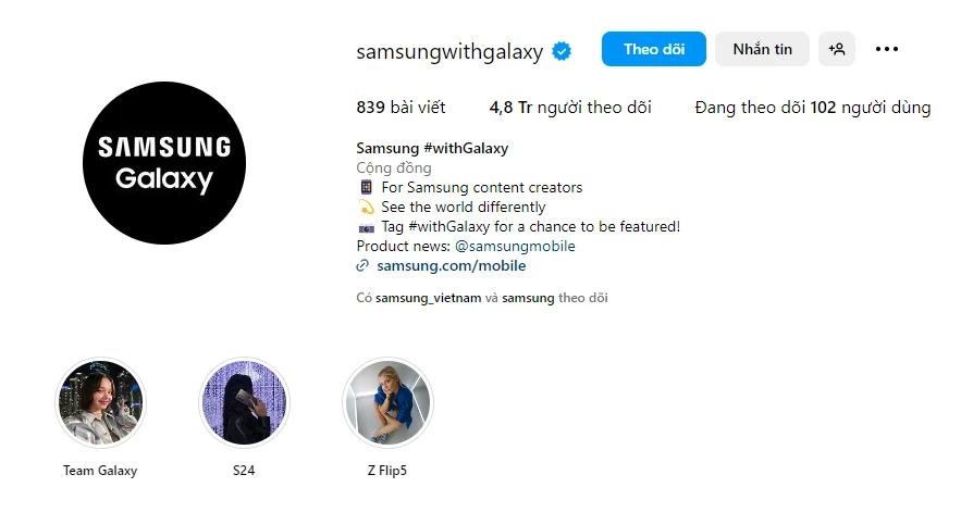 Tài khoản @samsungwithgalaxy được tạo để giới thiệu nội dung do khách hàng tạo ra